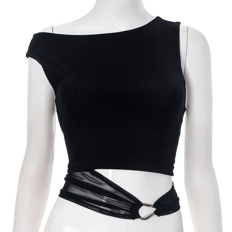 Elegant Solid Color Off-Shoulder Metal Ring Personalized Fitted Tank Top