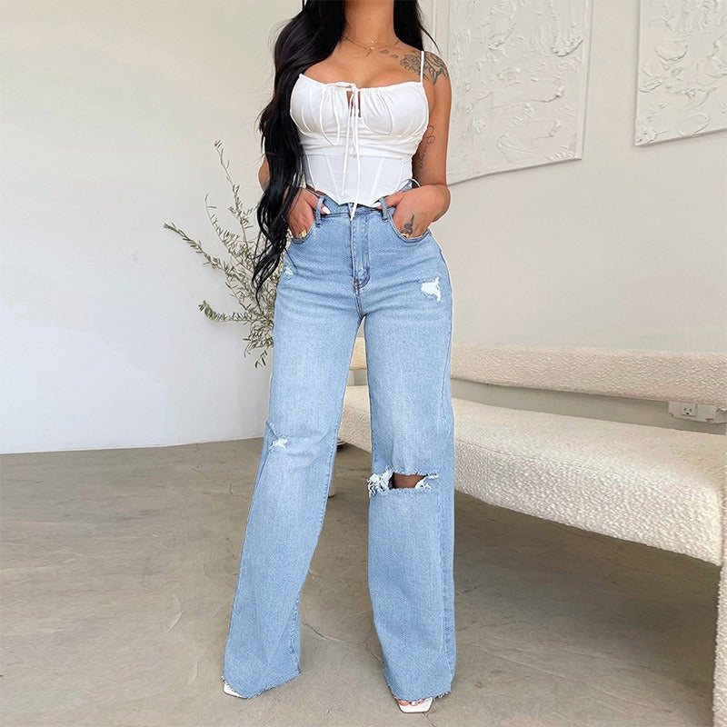 Women Pant Woman Ripped Jeans High Waist Denim Pants Wide Leg Denim Clothing Blue Jeans Vintage Casual Fashion Straight Trousers