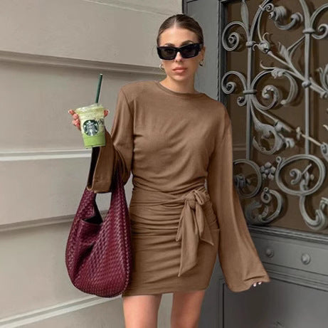 Brown lace up long sleeved knitted dress women's fashionable round neck A-line skirt