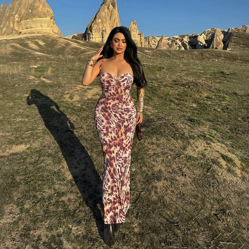 Street zebra leopard print slim fit deep V-sleeveless backless camisole dress