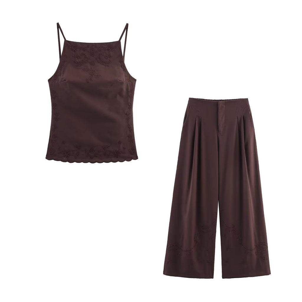 Embroidered backless top+casual pants set for women