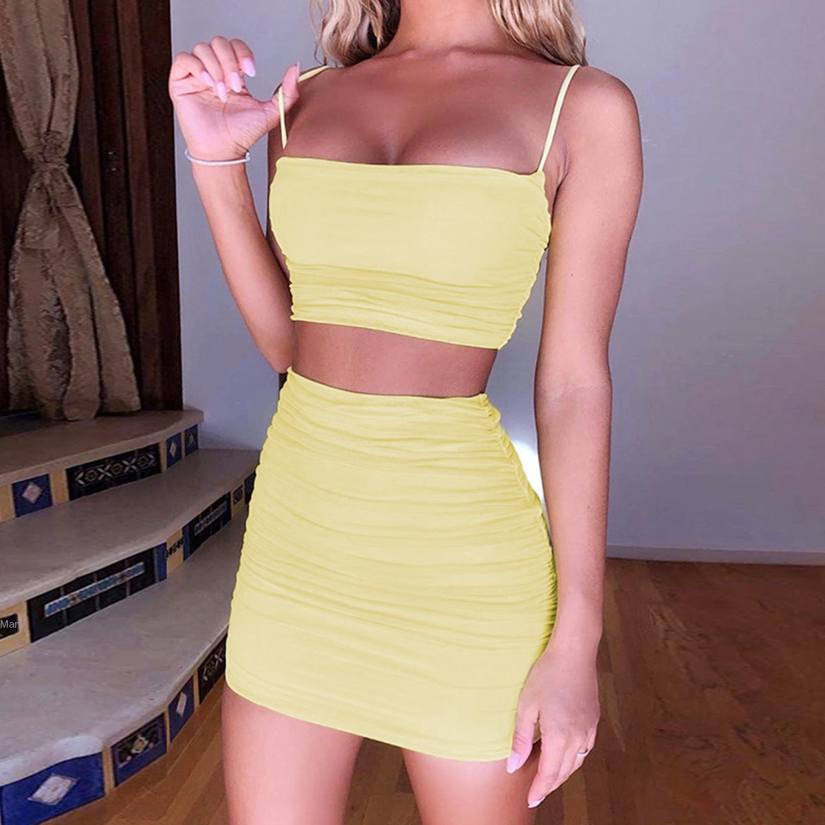 Sexy Strapless Crop Top and Pleated Bodycon Skirt Two-Piece Set for Women