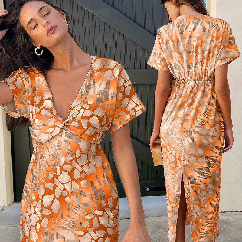 Sexy V-neck one-step skirt with color block mid length skirt