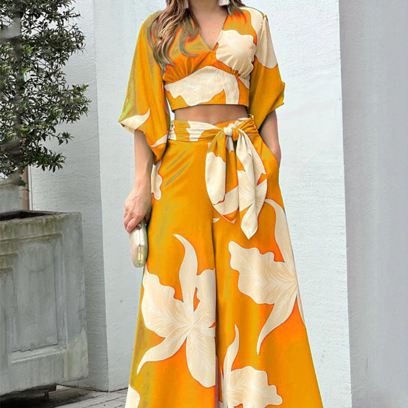 V-neck lantern sleeve short top high waist and wide leg pants