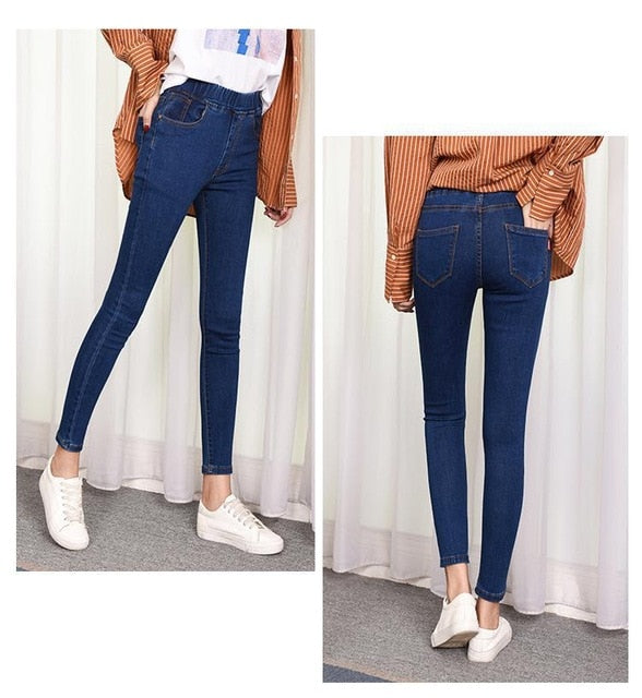 Casual 6XL Elastic Waist Jeans Woman Plus Size High Waist Solid Autumn Winter Denim Cotton Elasticity Denim Pants