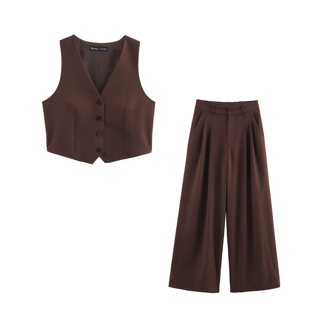 Back opening design vest+loose pleated pants set