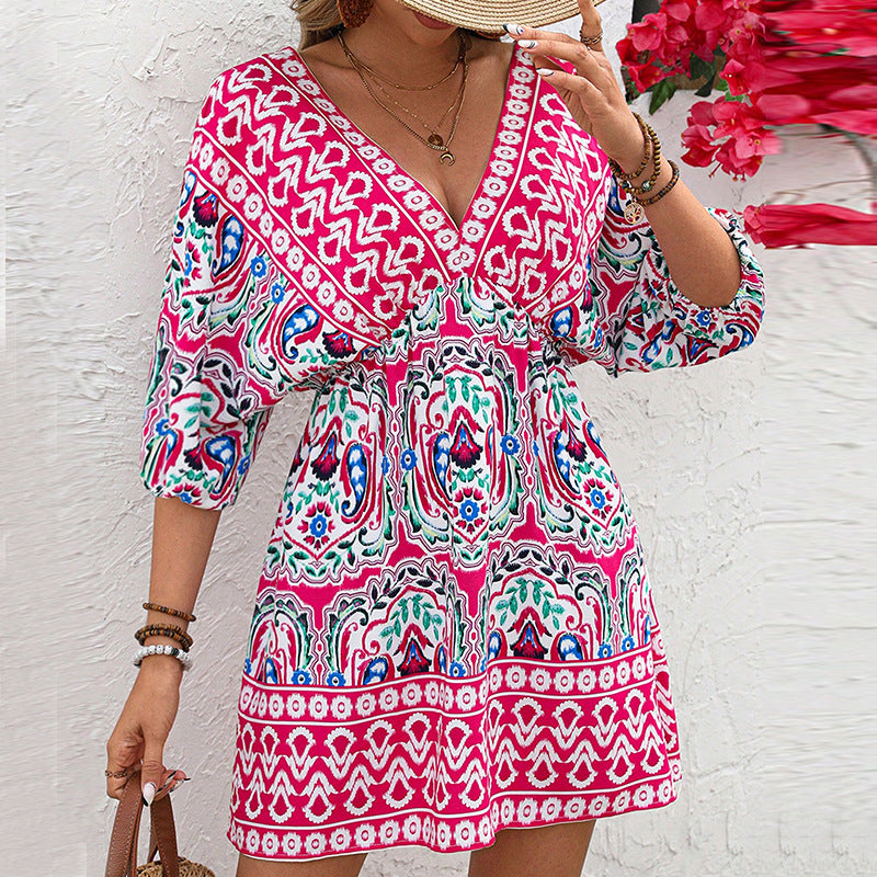 Women's Bohemian style dress with half sleeves on the beach