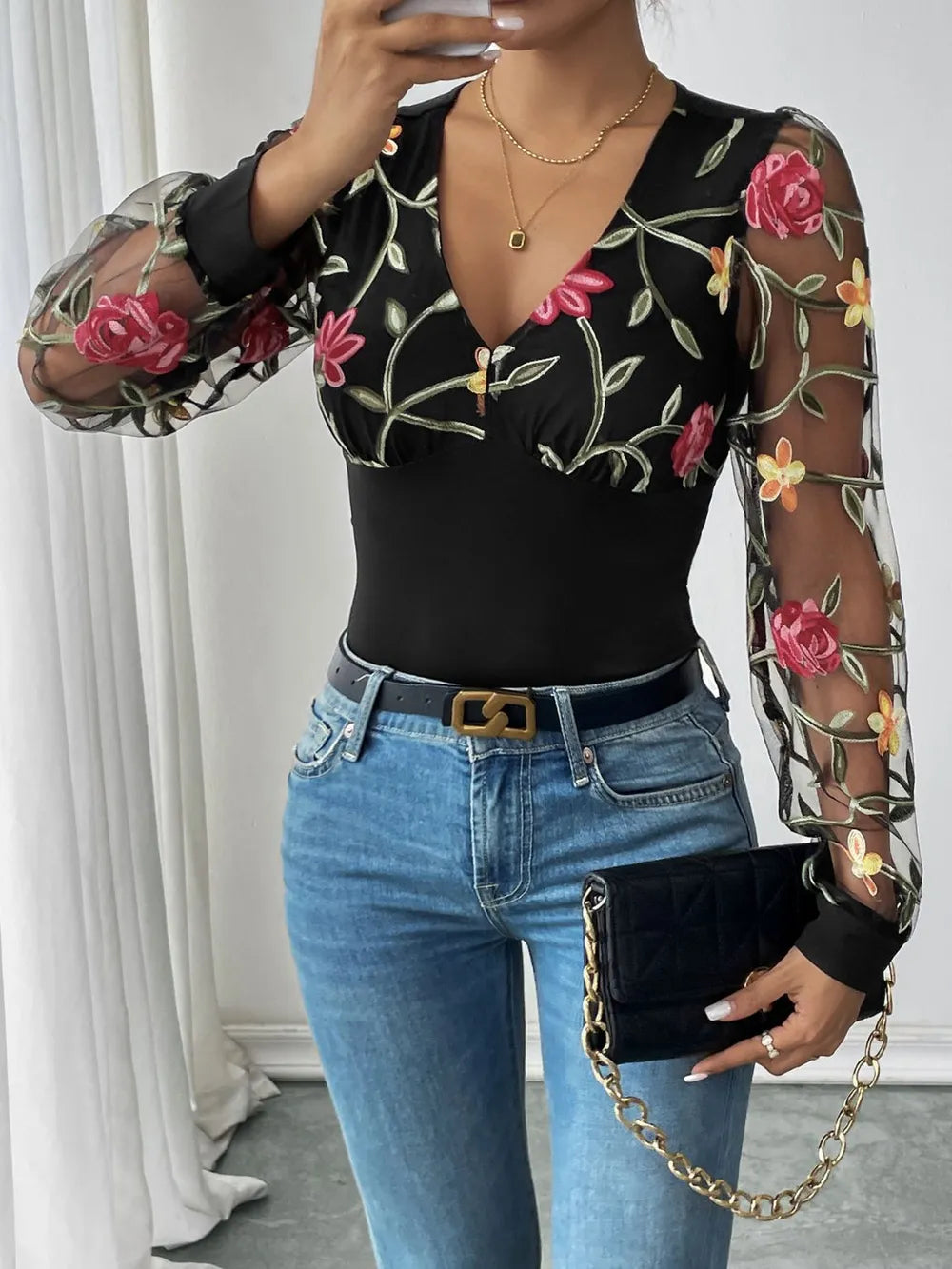 Embroidered V-Neck Long Sleeve Bodysuit