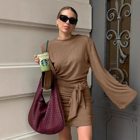 Brown lace up long sleeved knitted dress women's fashionable round neck A-line skirt