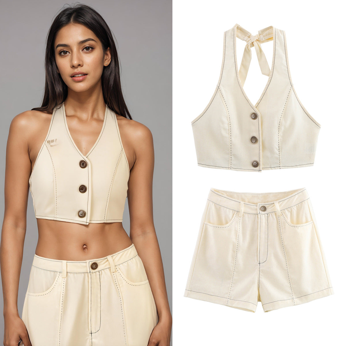 Pearl Thread Spinning Hemp Hanging Neck Top+Shorts Set for Women