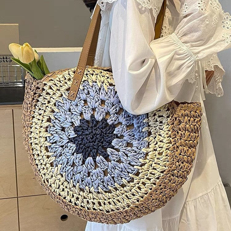 Paper rope hollow out colorful round plate grass woven bag casual beach bag one shoulder fashionable woven bag