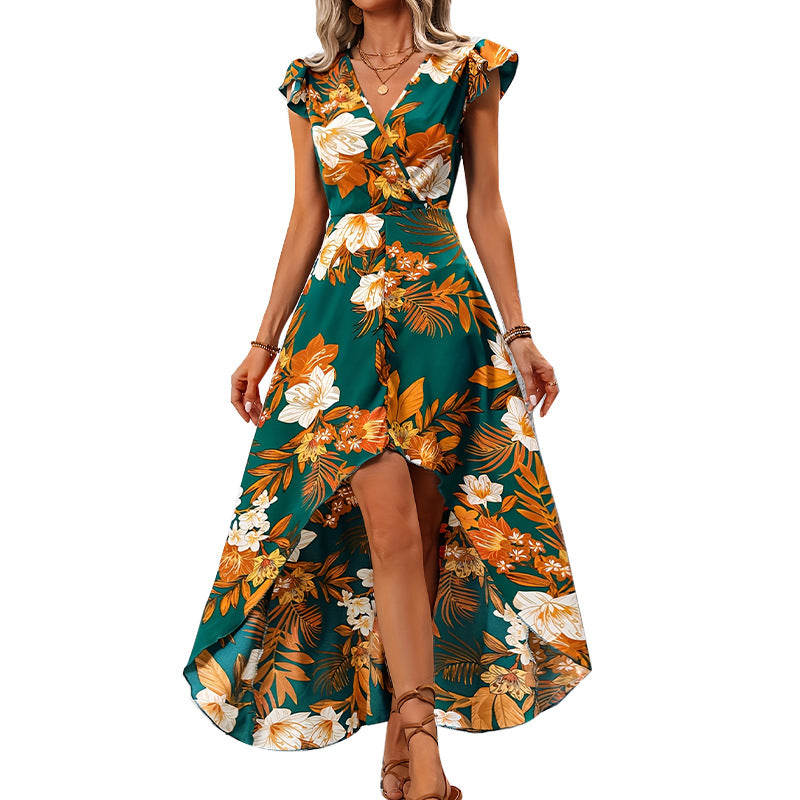 Holiday style dress with flower slit mid length skirt