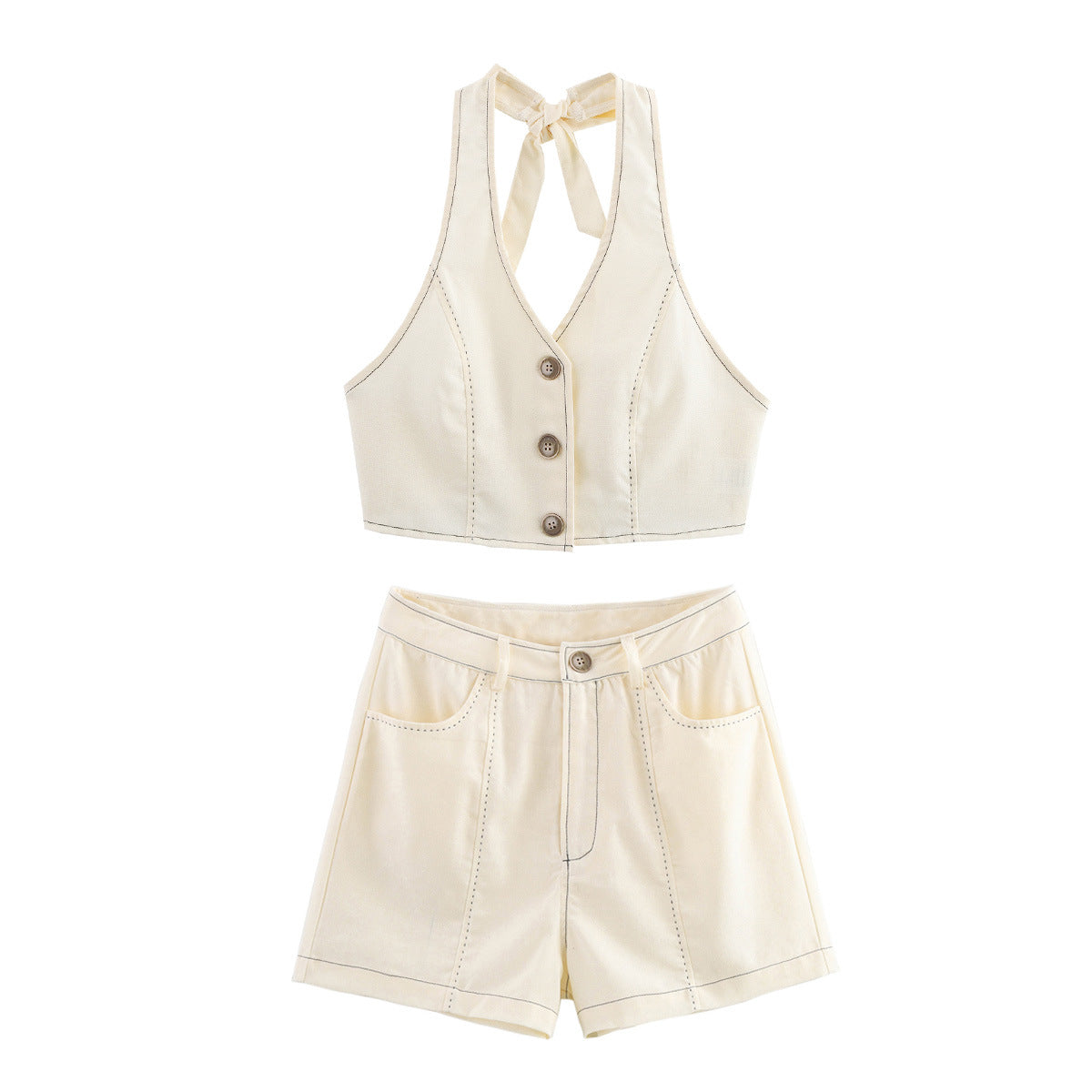 Pearl Thread Spinning Hemp Hanging Neck Top+Shorts Set for Women