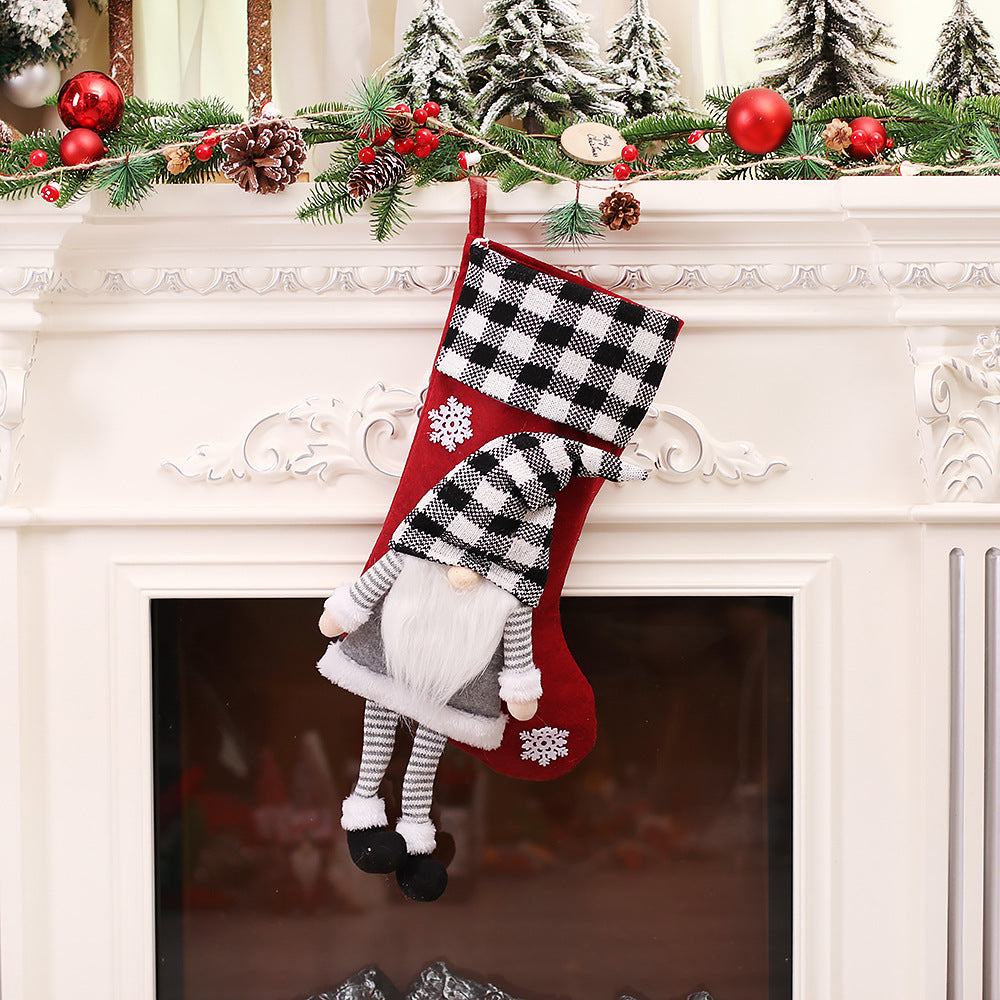 Christmas Day Decoration Red Black White Grid Faceless Forester Christmas Socks Dwarf Hanging Doll Candy Gift Bag