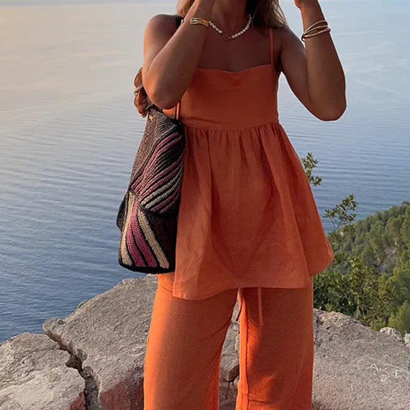 Strap solid color loose two-piece casual fashion set