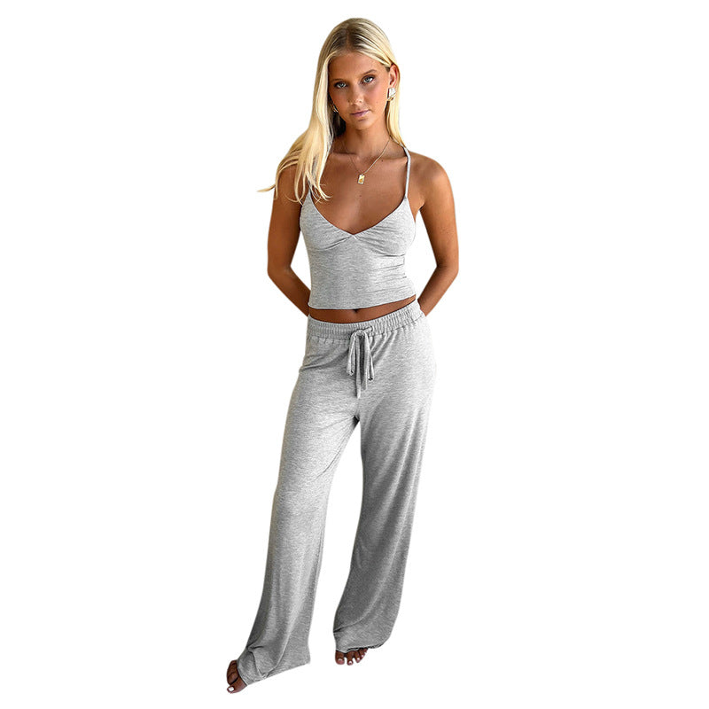 Solid Color Strap V-neck Elastic Waist Wide Leg Long Pants Casual Set
