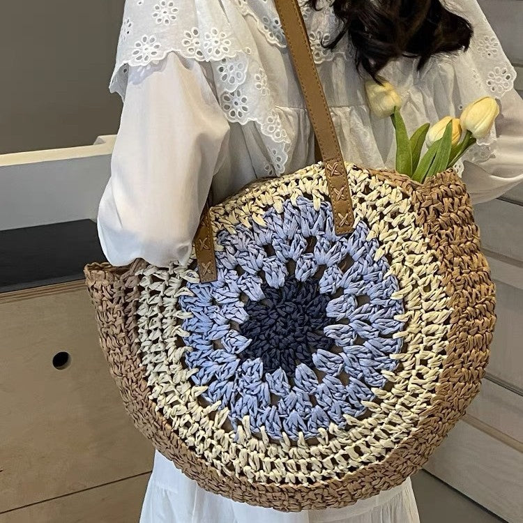 Paper rope hollow out colorful round plate grass woven bag casual beach bag one shoulder fashionable woven bag