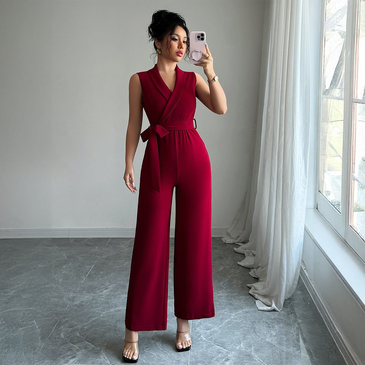 Minimalist style waist cinched wide leg pants for women's jumpsuit