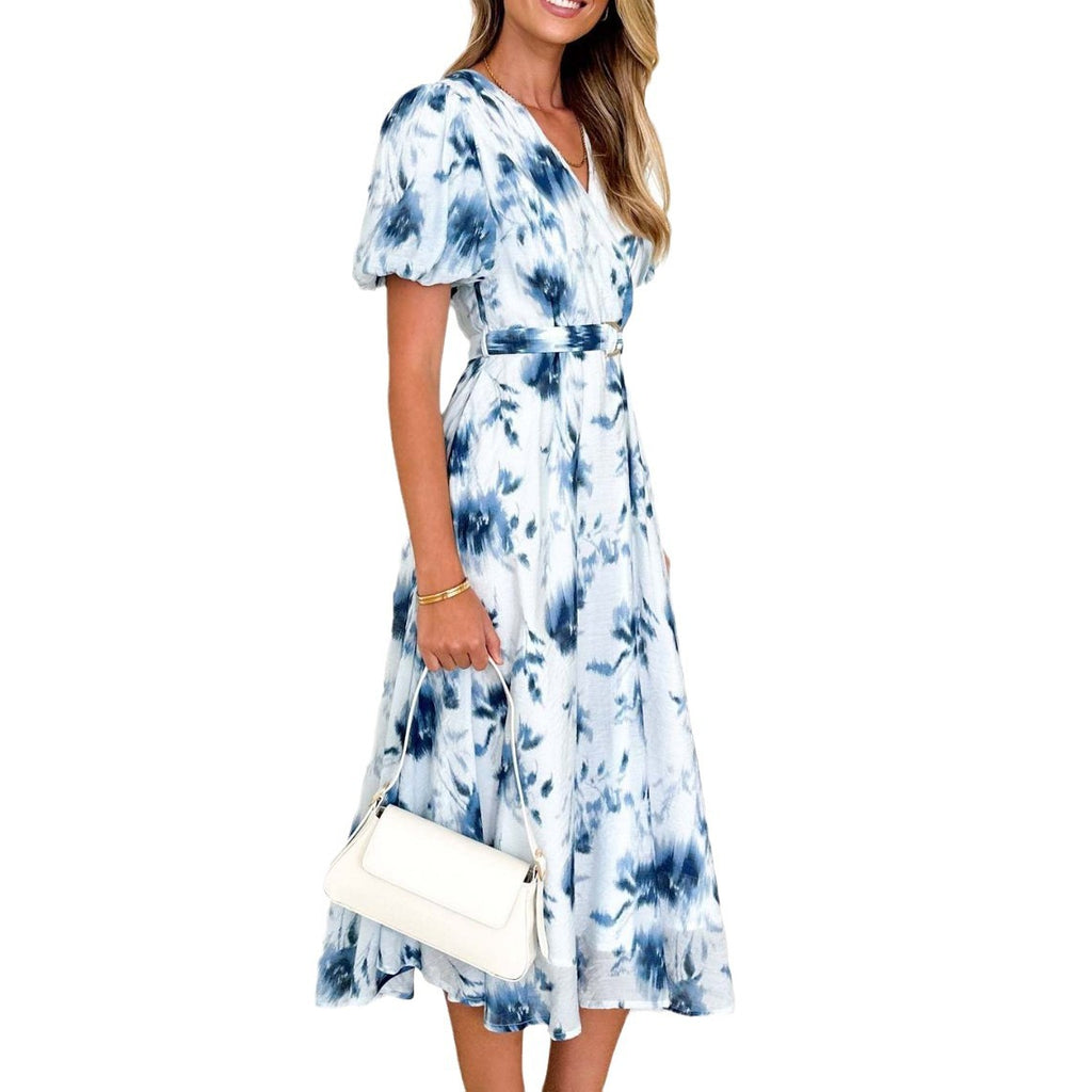 Women's Bubble Sleeve High end Printed Sexy Style Women's V-neck Dress for Women