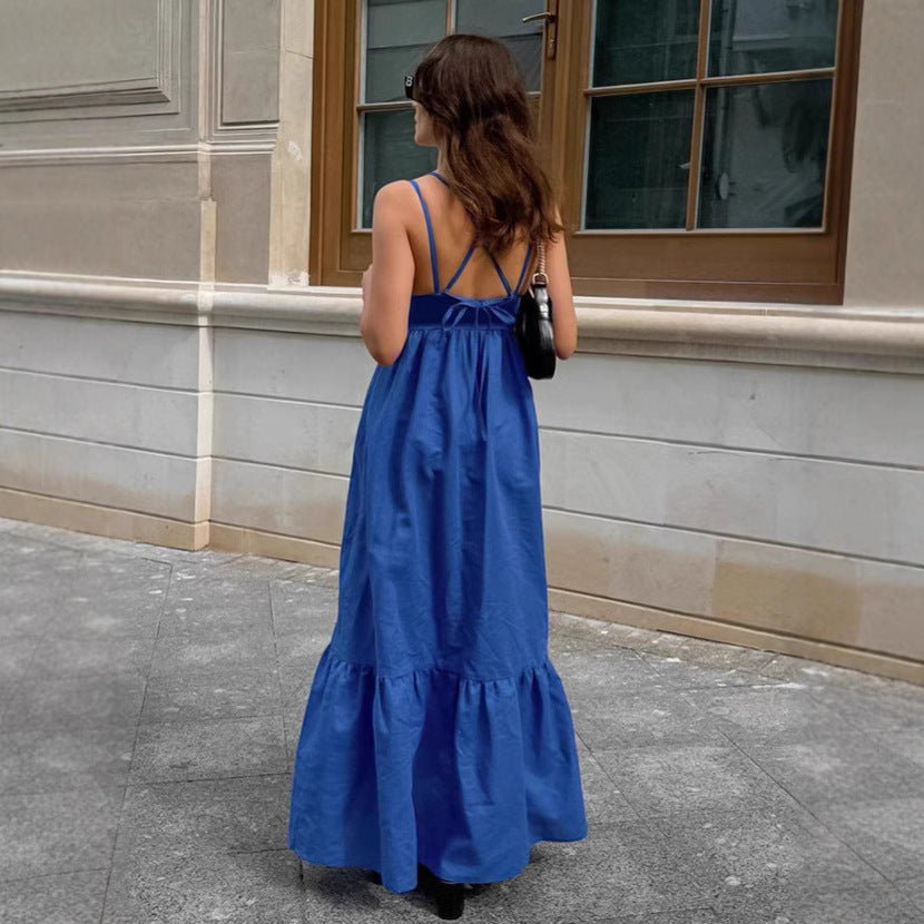 Blue V-neck camisole dress women's loose cotton and linen dress A-list long skirt