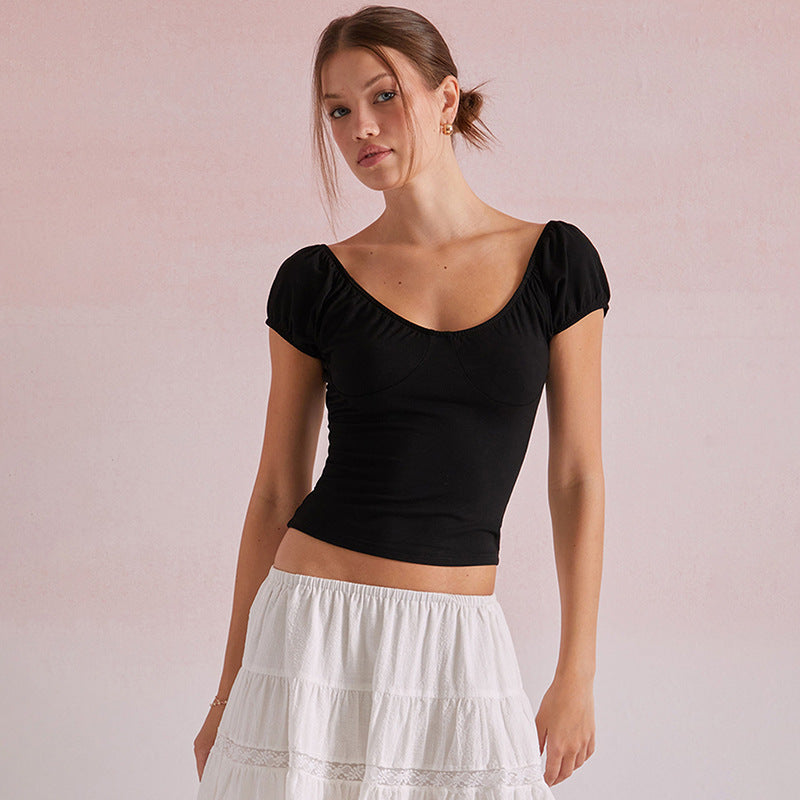 Women's Summer New Pure Color Short Sleeve V-neck Simple Backless Casual Top T-shirt