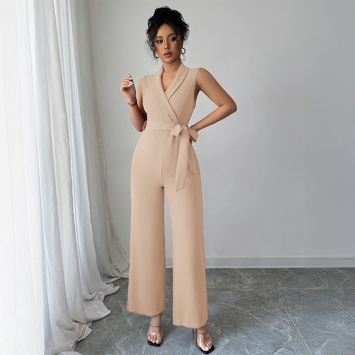 Minimalist style waist cinched wide leg pants for women's jumpsuit