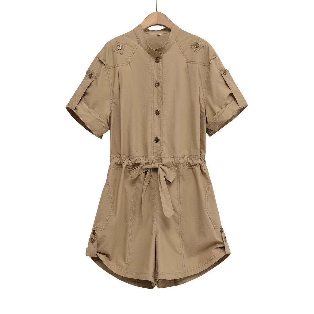 Flip collar short sleeved drawstring tie jumpsuit/pants for women