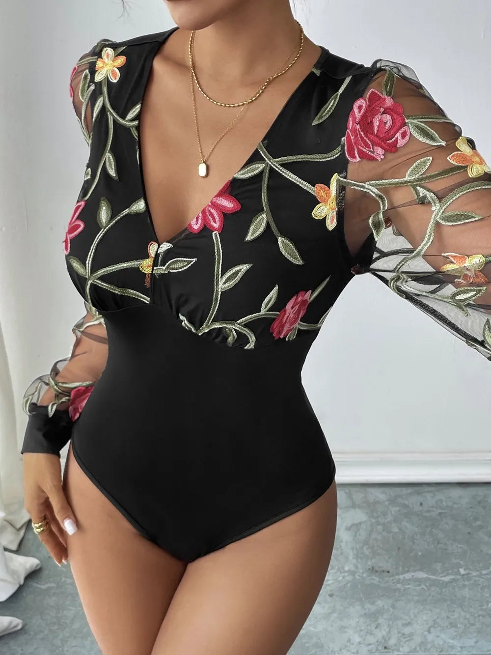 Embroidered V-Neck Long Sleeve Bodysuit