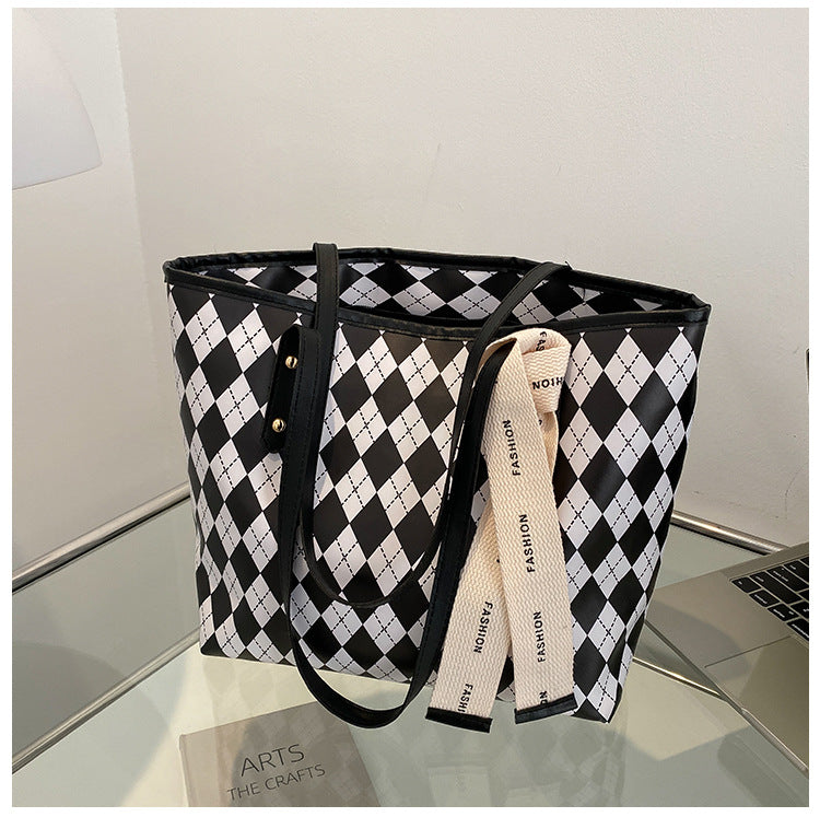 Summer Big Bag Women's New Retro Diamond Contrast Color Large Capacity Shoulder Bag All-Match Texture Tote Bag