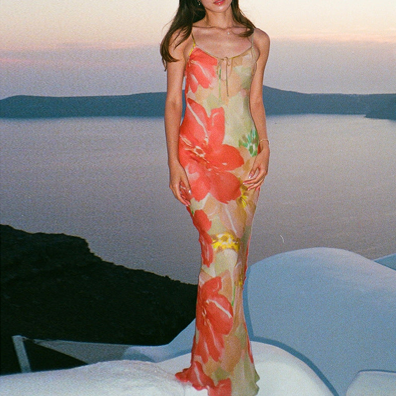 Hollow printed backless dress for women