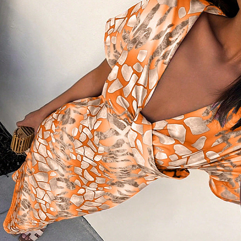 Sexy V-neck one-step skirt with color block mid length skirt