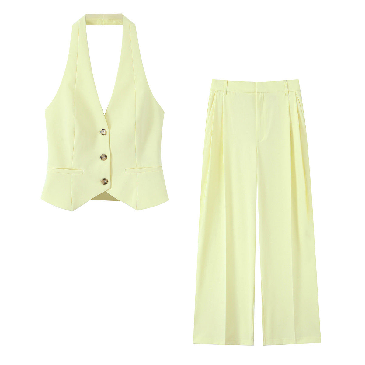 Neck collar vest style top+loose pleated pants set for women