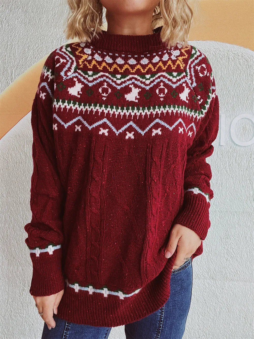 Round neck loose pullover knitting Fried Dough Twists Christmas sweater for women