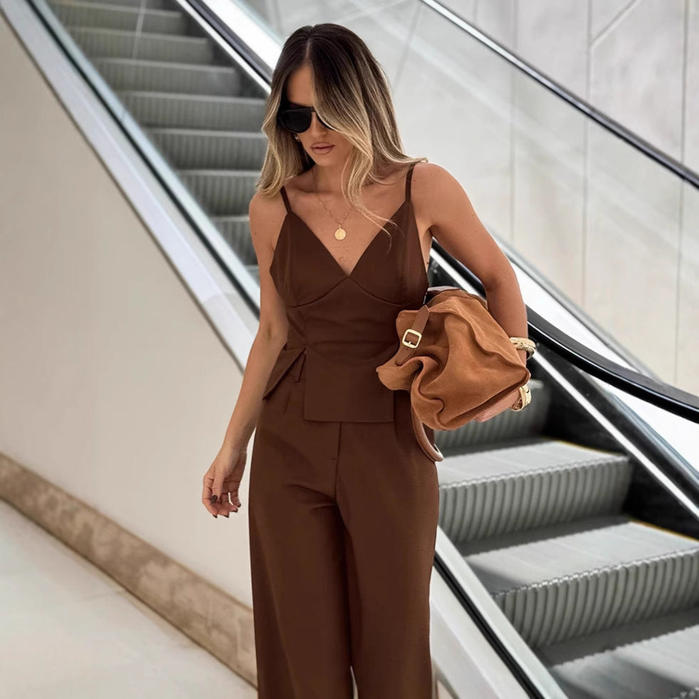Brown camisole top pants two-piece set vest set