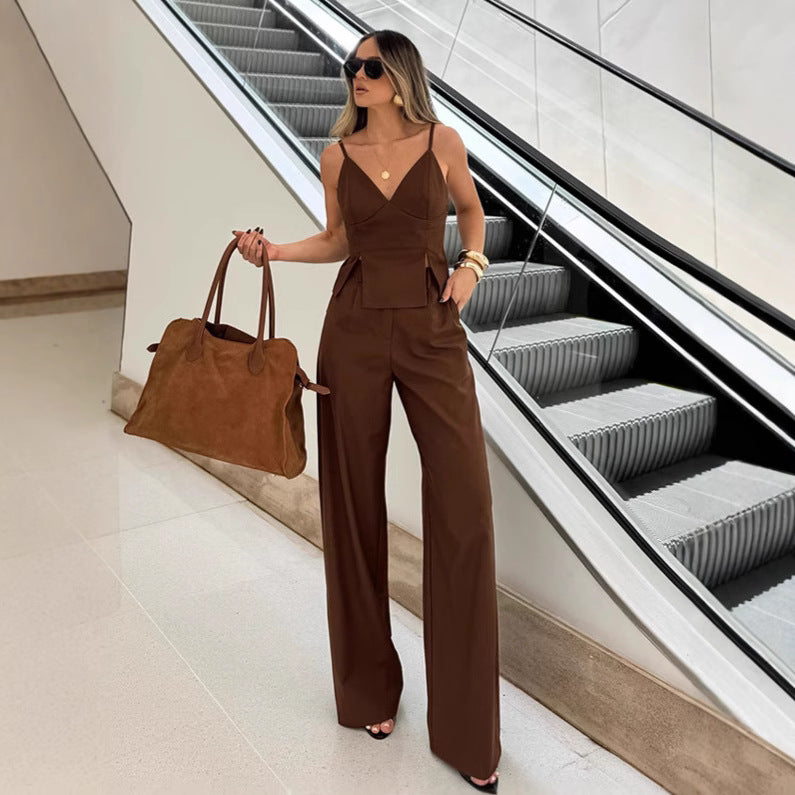 Brown camisole top pants two-piece set vest set