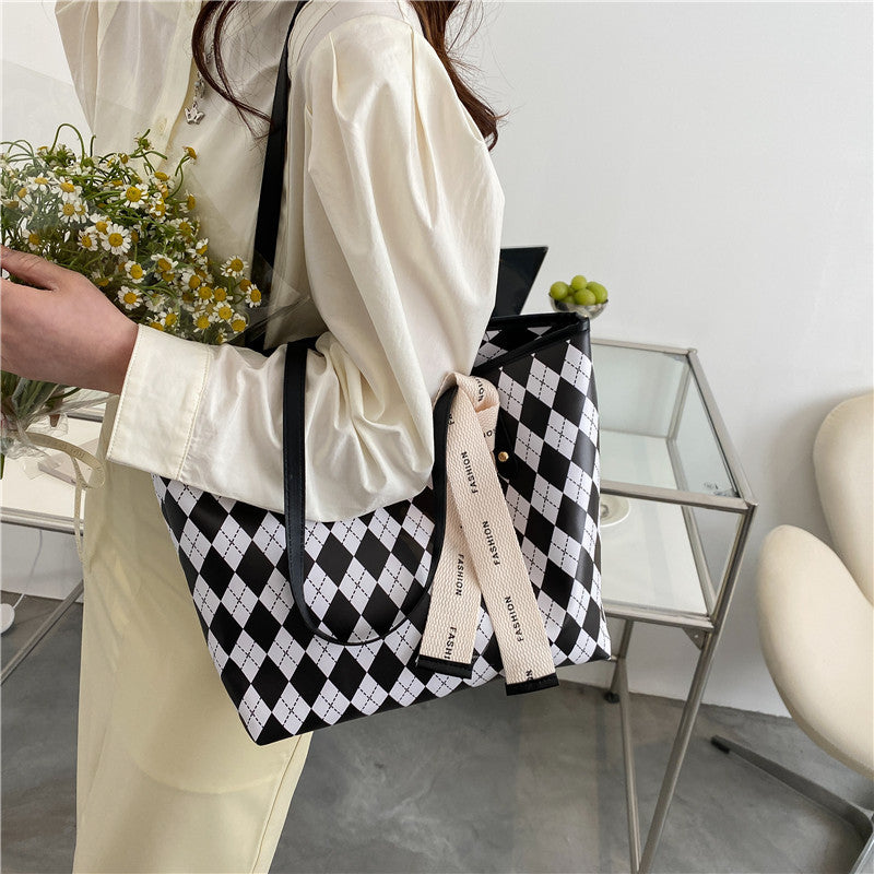 Summer Big Bag Women's New Retro Diamond Contrast Color Large Capacity Shoulder Bag All-Match Texture Tote Bag