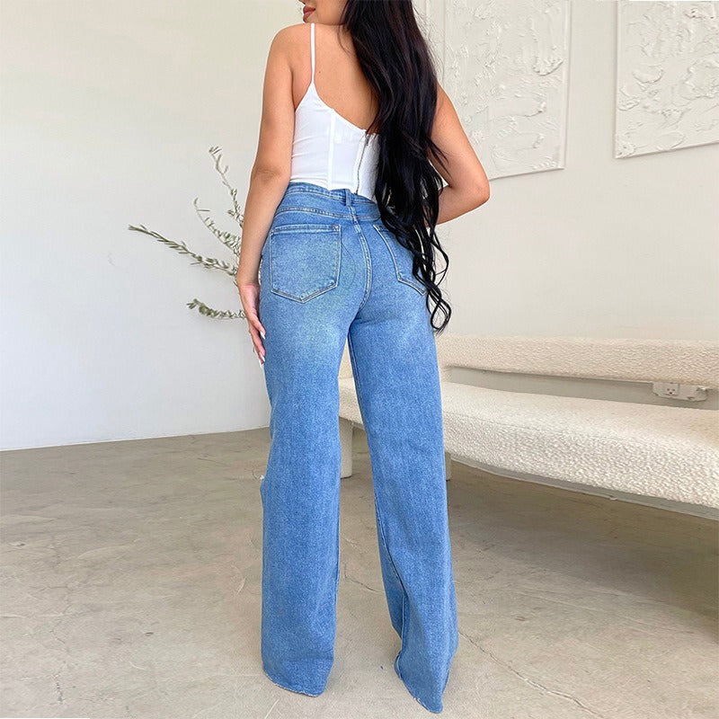 Women Pant Woman Ripped Jeans High Waist Denim Pants Wide Leg Denim Clothing Blue Jeans Vintage Casual Fashion Straight Trousers