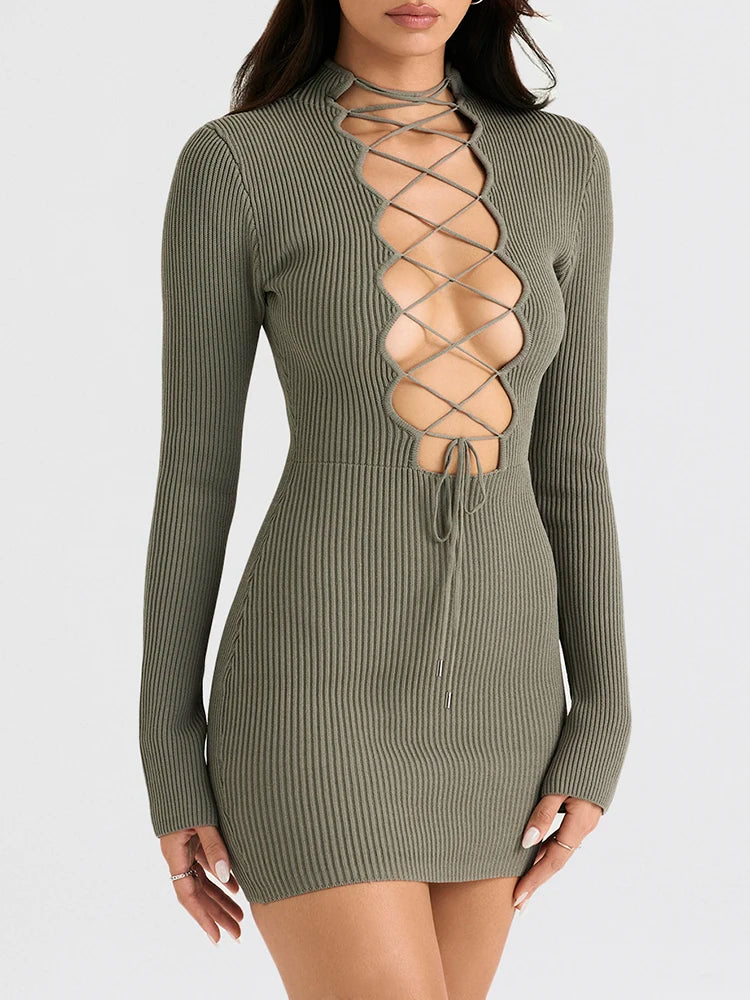 Women Sexy Short Dress With Lace-Up Design Outfits Green Long Sleeve Bodycon Bandage Dresses Vestidos