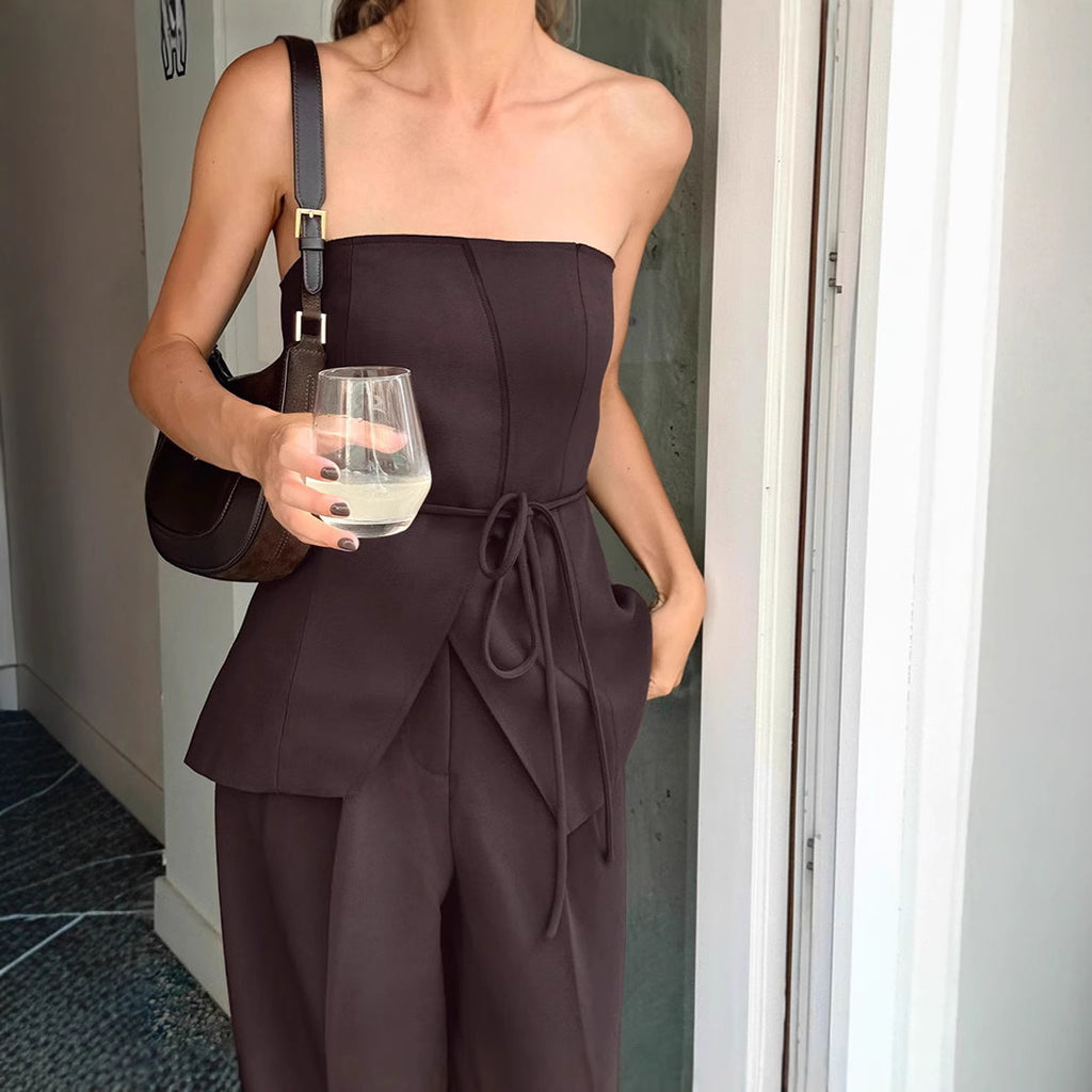 Brown strapless top wide leg pants two-piece set women's vest set