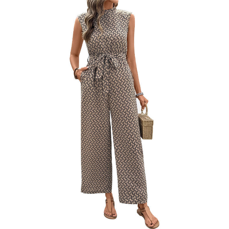 Summer new European and American casual jumpsuit with lace up sleeveless geometric print jumpsuit