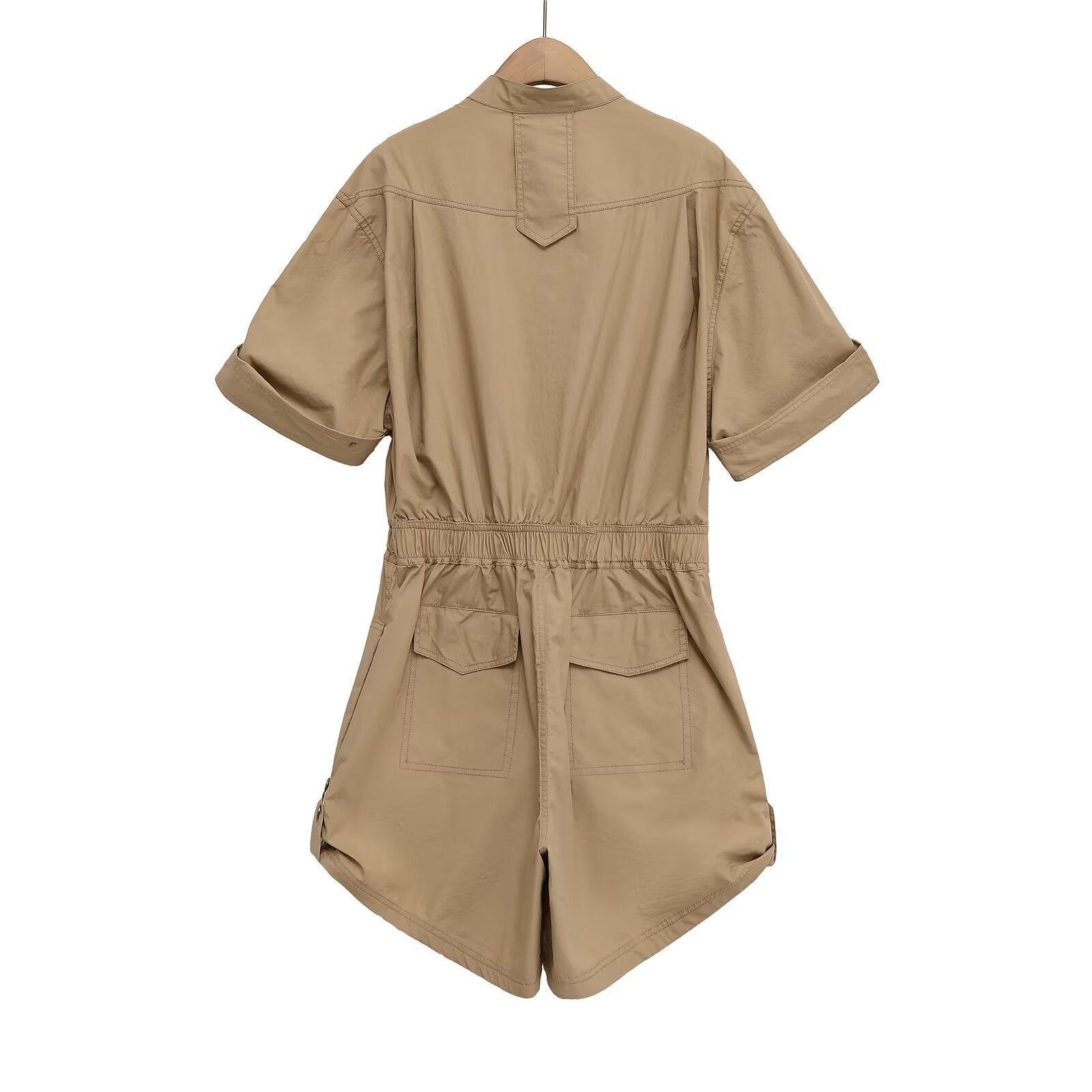 Flip collar short sleeved drawstring tie jumpsuit/pants for women