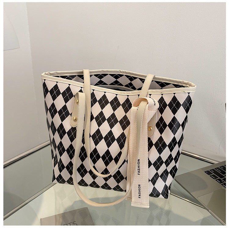 Summer Big Bag Women's New Retro Diamond Contrast Color Large Capacity Shoulder Bag All-Match Texture Tote Bag