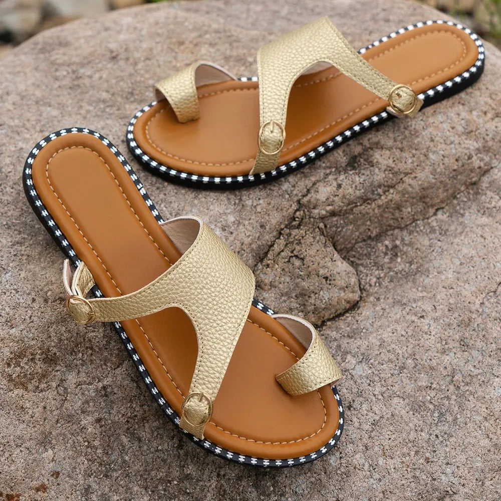 Toe Loop PU Leather Flats Sandals