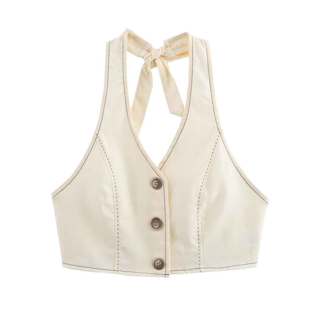 Pearl Thread Spinning Hemp Hanging Neck Top+Shorts Set for Women