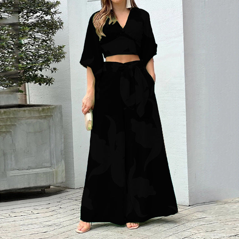 V-neck lantern sleeve short top high waist and wide leg pants