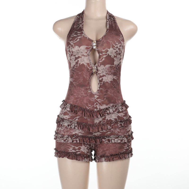 Black fungus edge sexy hollow hanging neck jumpsuit