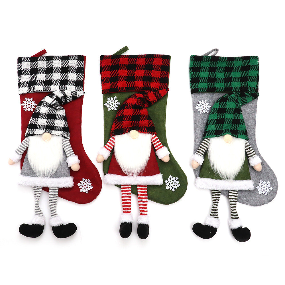 Christmas Day Decoration Red Black White Grid Faceless Forester Christmas Socks Dwarf Hanging Doll Candy Gift Bag