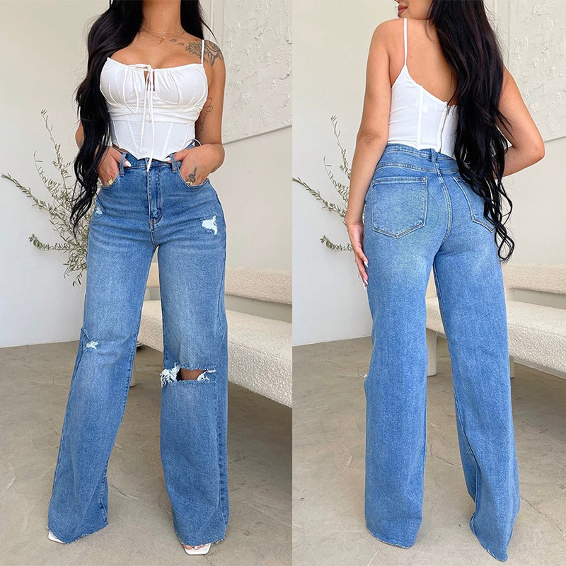 Women Pant Woman Ripped Jeans High Waist Denim Pants Wide Leg Denim Clothing Blue Jeans Vintage Casual Fashion Straight Trousers