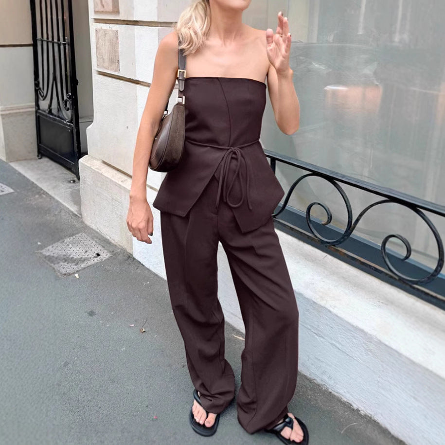 Brown strapless top wide leg pants two-piece set women's vest set