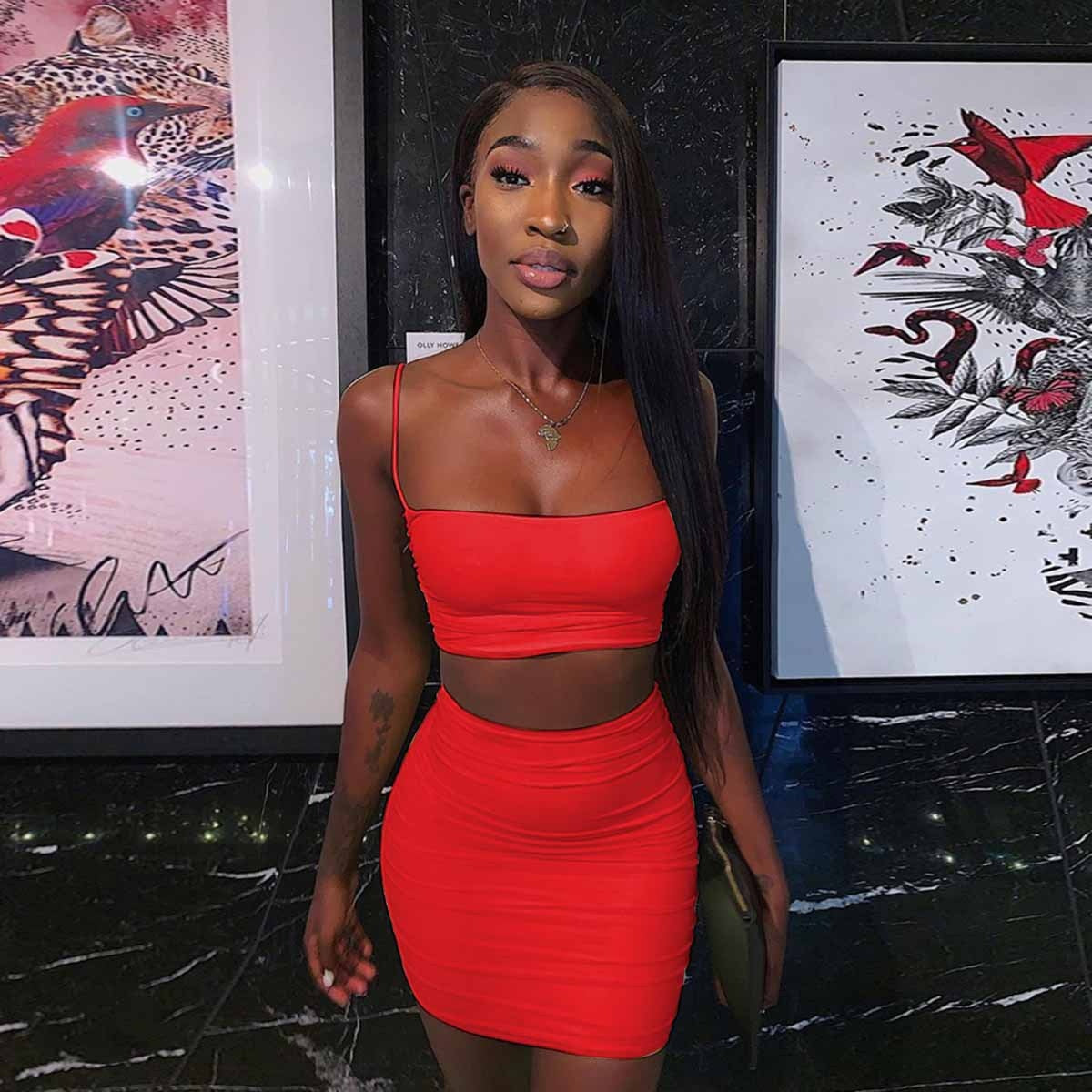 Sexy Strapless Crop Top and Pleated Bodycon Skirt Two-Piece Set for Women